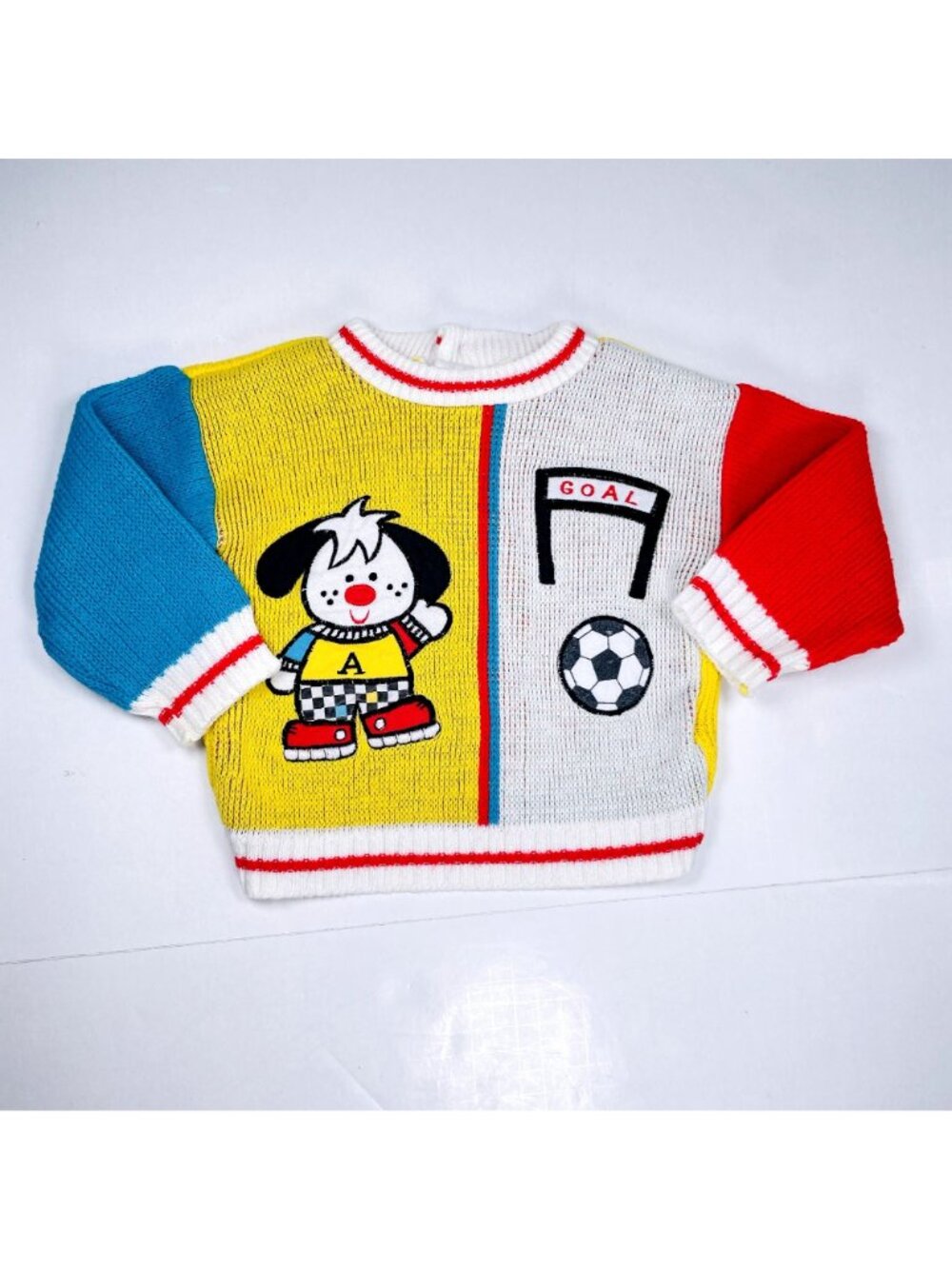 Vintage Color Block Soccer Puppy Long Sleeve Knit Chunky Sweater 24m / 2T - Picture 9 of 13